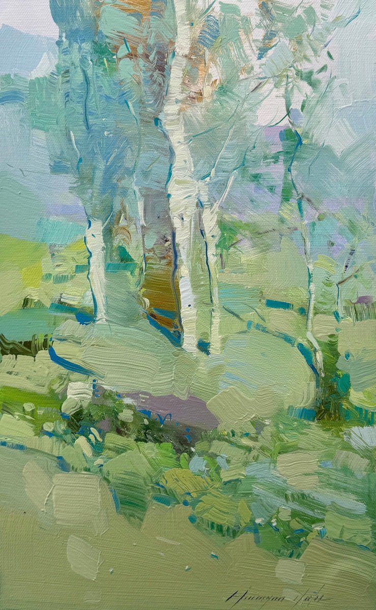 Impressionistic Landscape Oil Painting By Vahe Yeremyan, 12 X 19", Birches, Original Artwork
