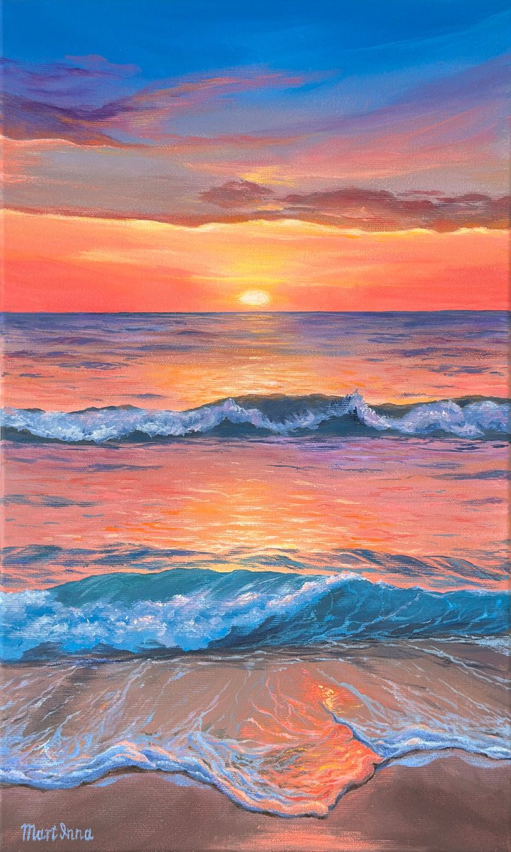 Photorealistic Landscape Acrylic Painting By Inna Martynenko, 12 X 20, Fiery Embrace Of The Sea, Original Artwork