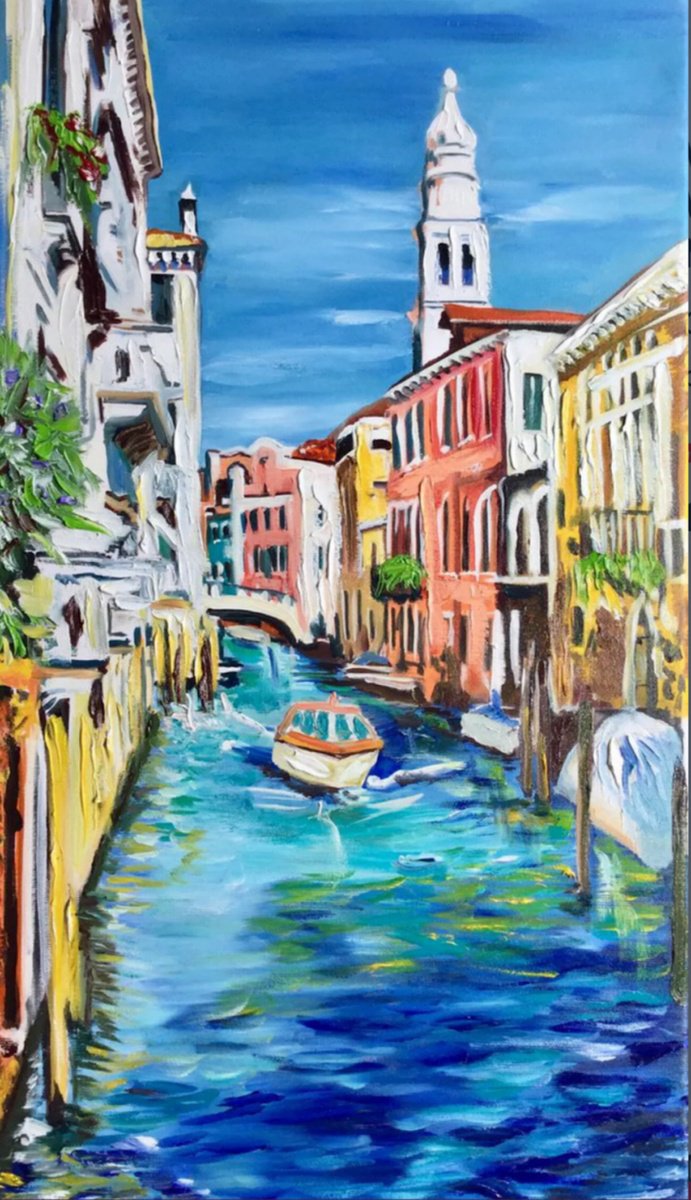 Impressionistic Cityscapes Oil Painting By Olga Koval, 14 X 24", Venice, Summer 4, Original Artwork