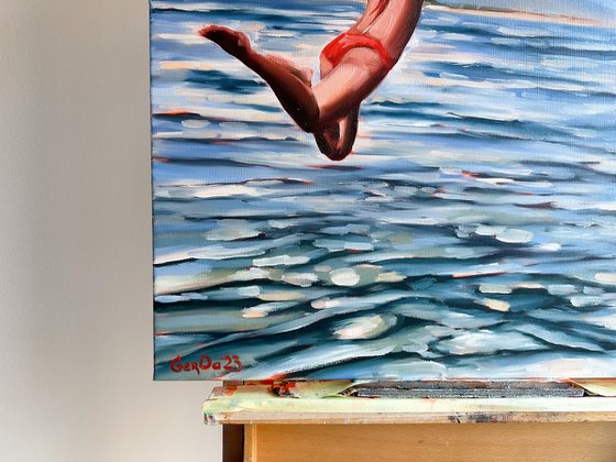 Jumping in Ocean - Swimmer Dive Woman Seascape Original Art