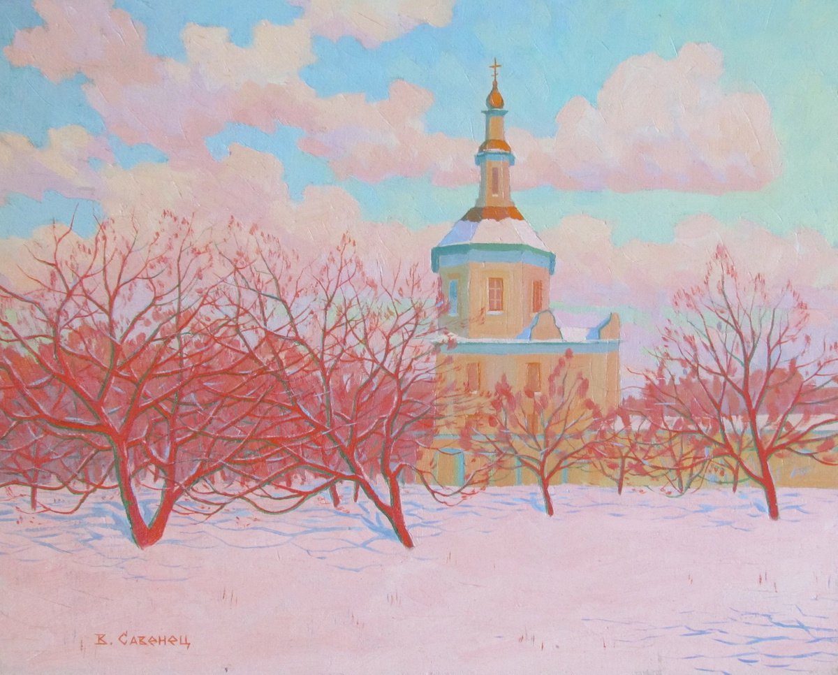 Impressionistic Landscape Oil Painting By Valeriy Savenets-1, 20 X 16", Pink February, Original Artwork