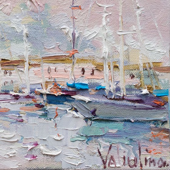 Sailing yachts in marina at sunrise Original seascape painting