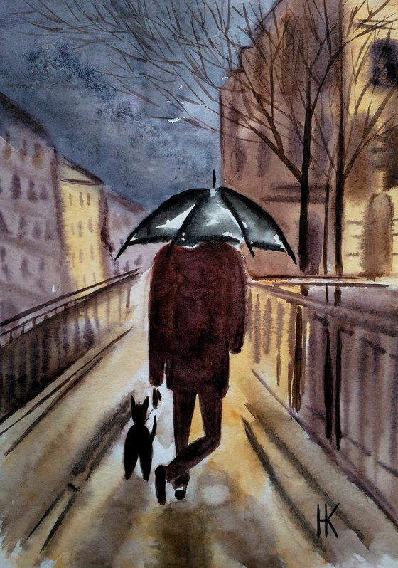 NYC Painting Cityscape Original Art Man Walking Dog Small Watercolor Artwork New York Wall Art 8 by 12" by Halyna Kirichenko