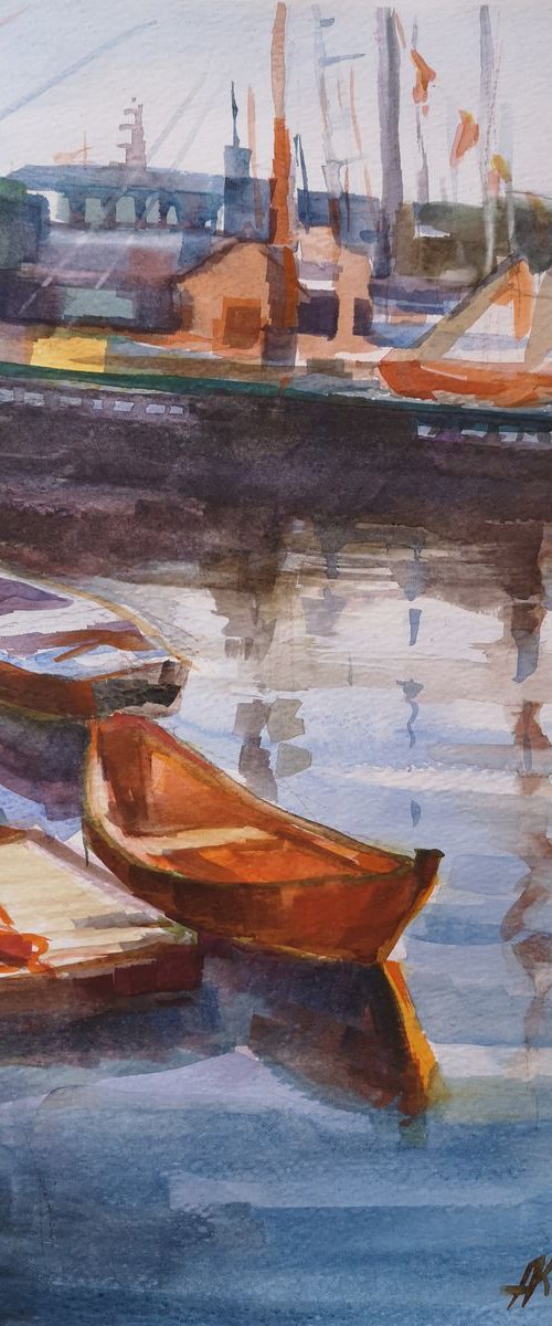 Resting boats, original, one of a kind, watercolor on paper seascape (11x14'') by Alexander Koltakov