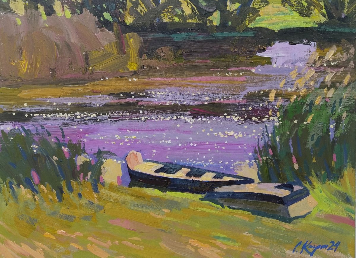 Impressionistic Landscape Acrylic Painting By Sergey Kachin, 24 X 18", By The River, Original Artwork