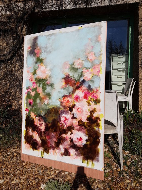 Bagatelle's garden in Paris - Roses in an impressionistic painting - modern floral - contemporary - romantic - shabby chic - LARGE SIZE