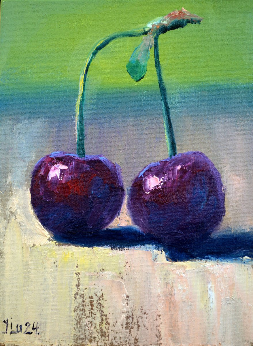 Expressive Still Life Oil Painting By Elena Lukina, 8 X 10, Cherries, Original Artwork