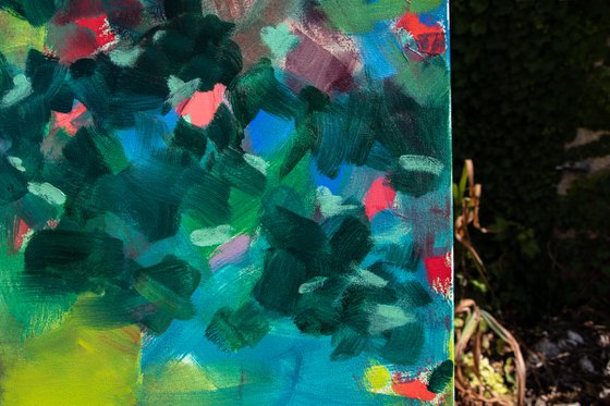 Abstract floral in summer - Oil painting in yellow, green and red - flowers bouquet - garden Modern abstraction nature evocation interpretation