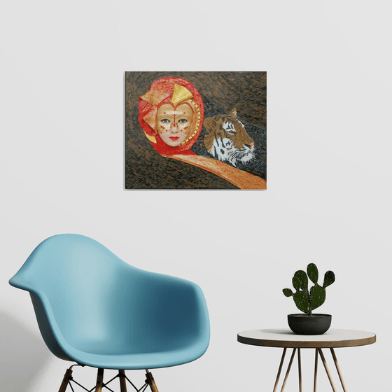 Moods - Original, unique, fantasy woman and tiger mixed media mosaic art in high-relief