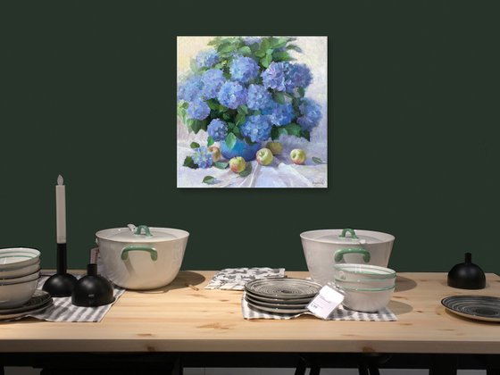 Blue Hydrangeas with Apples