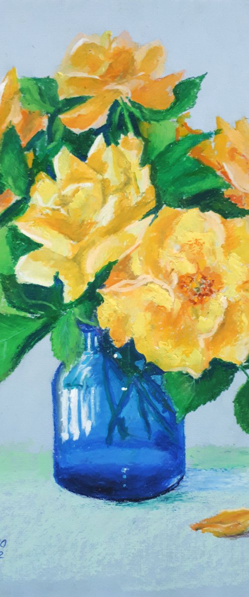 Yellow roses in a blue vase... /  ORIGINAL PAINTING by Salana Art