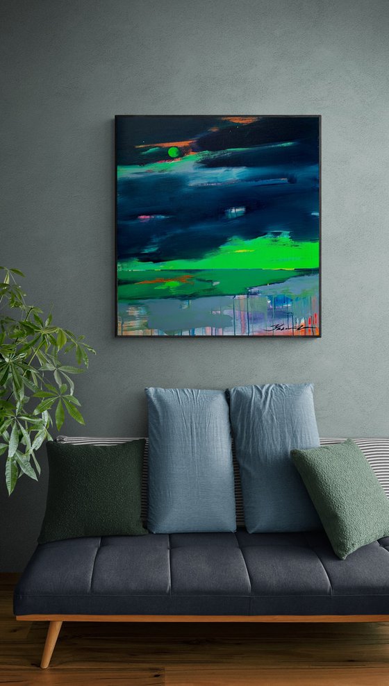 "Before the rain" - Expressionism - Minimalism - Seascape - Landscape - Dark blue - Bright green