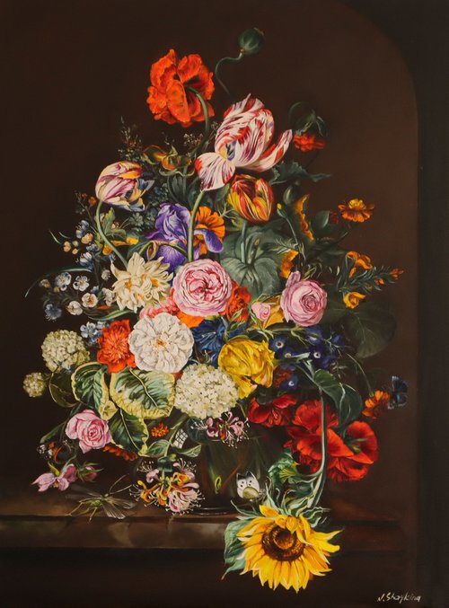 Floral bouquet the dark background. Dutch Still Life. by Natalia Shaykina