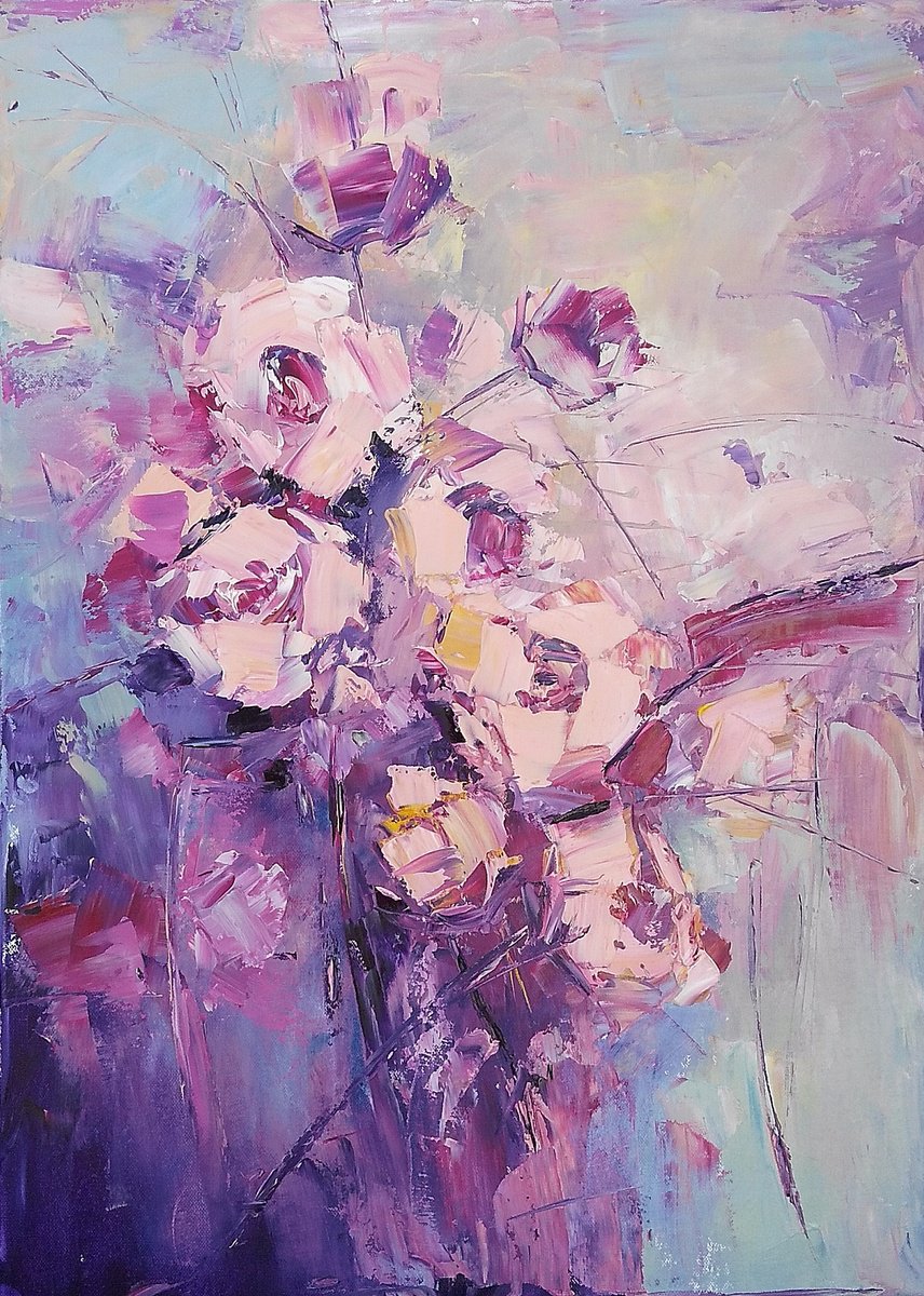 HOPING HEART, 50x70cm, blooming roses oil floral abstract painting by Emilia Milcheva