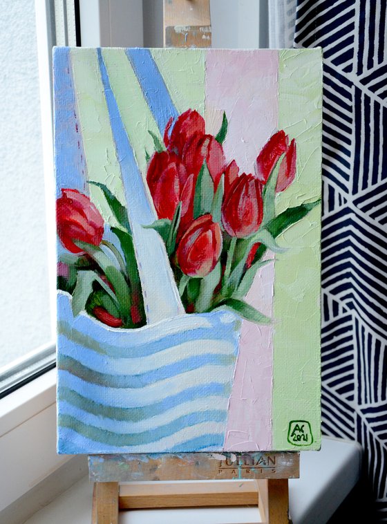 Red tulips in a bag
