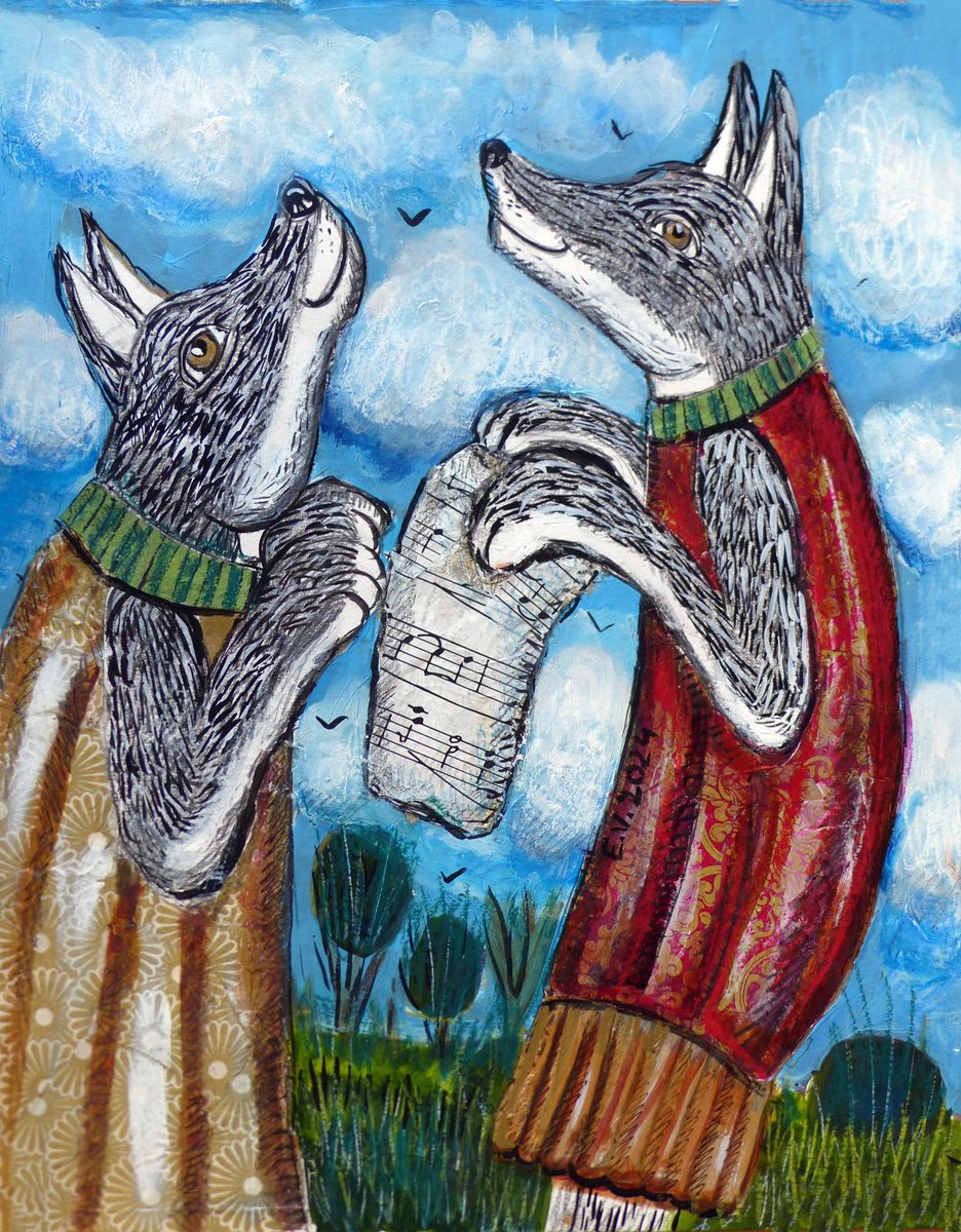 Naive Animal Painting By Elizabeth Vlasova, 11 X 14, Singing Wolves, Original Artwork