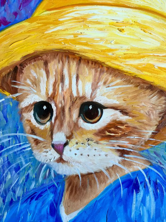 Cat La Van Gogh in a straw hat modern oil painting feline art Van Gogh influence art for animal lovers