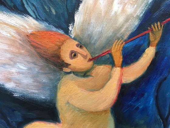 ANGEL - small oil painting with a magic angel in the sky Christmas gift home decor