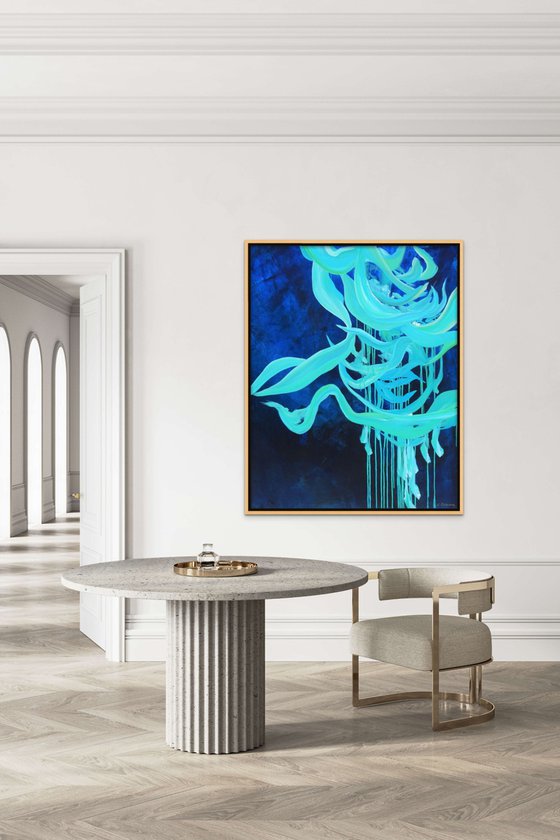 FREE FLOW. Teal, Navy, Blue Contemporary Abstract Seascape, Ocean Painting. Modern Textured Art