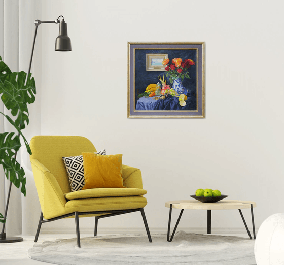 Roses in a ceramic vase and fruits