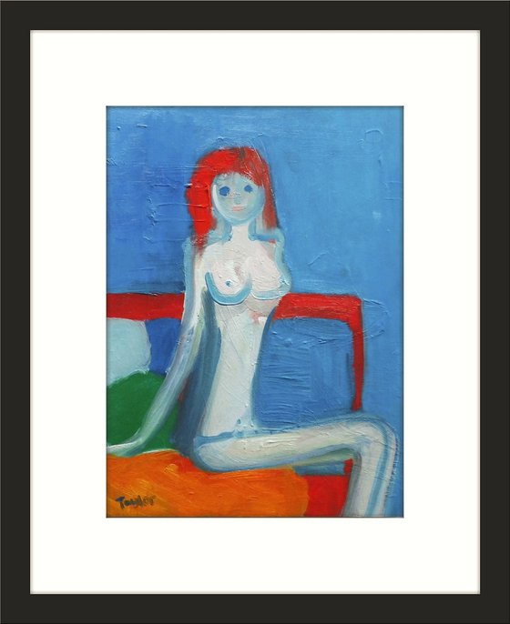 NUDE GIRL on the BED BLUES, BLUE EYED REDHEAD. Original Female Figurative Oil Painting. Varnished.