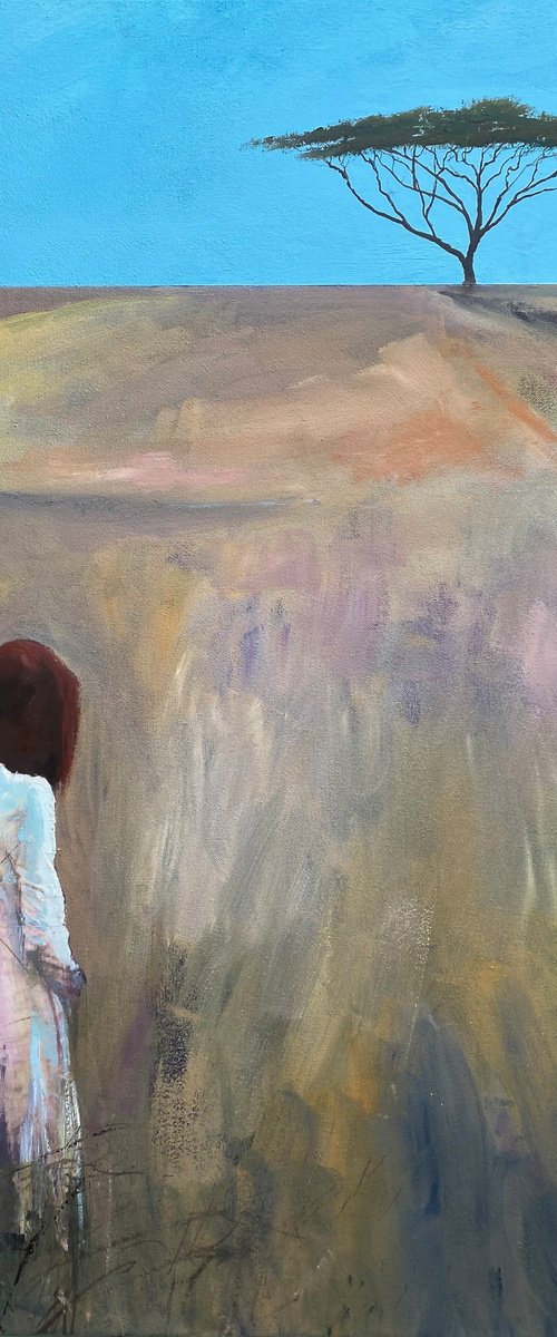 'Figure with Acacia Tree' Large Figurative/Surreal Landscape Oil Painting by Simon Jones