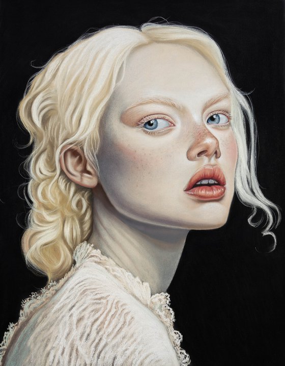 Albino girl in laсe dress