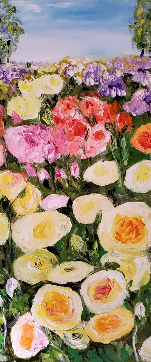 SUMMER DAY WHITE PINK YELLOW PURPLE  ROSES in a Greenwich rose garden palette  knife modern office home decor gift by Olga Koval