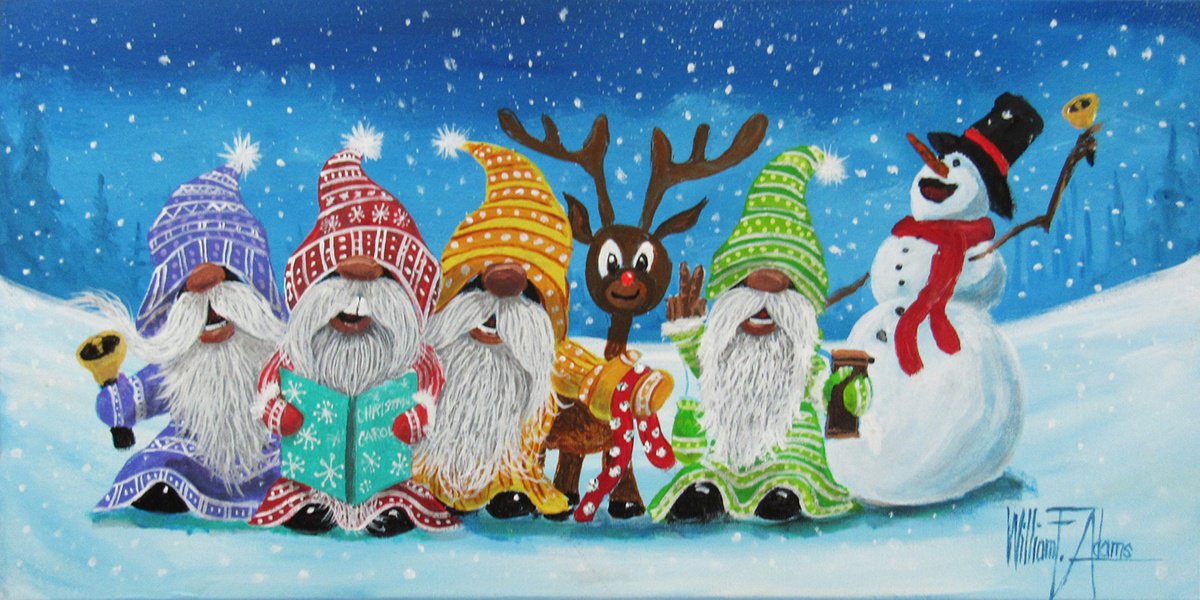 Illustrative Portrait Acrylic Painting By William F. Adams, 20 X 10", Snowy Songs Of Christmas Joy!, Original Artwork