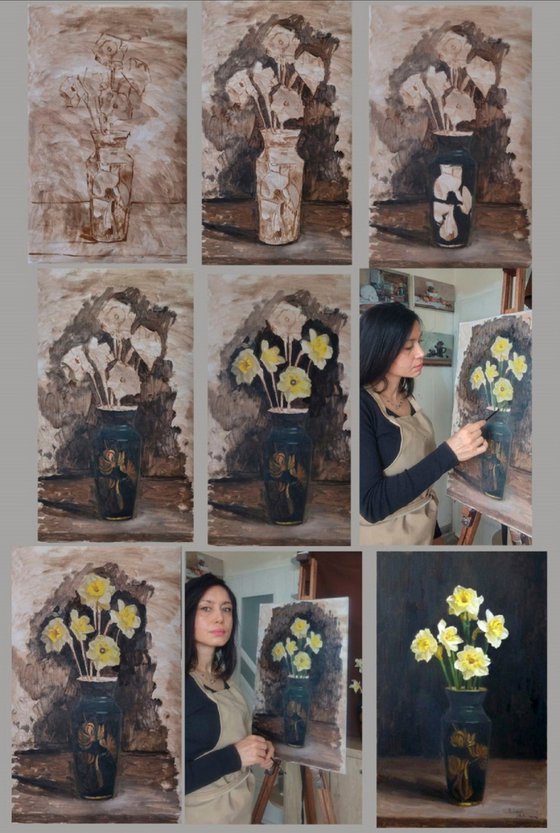 Five daffodils in a dark vase