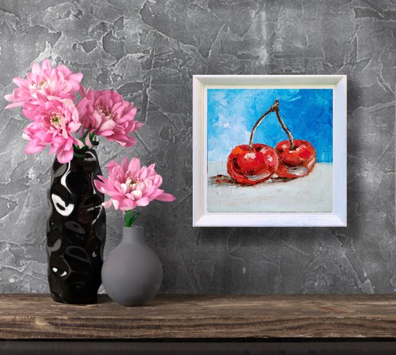 Couple Cherries Painting Original Art Fruit Artwork Berries Still Life Wall Art