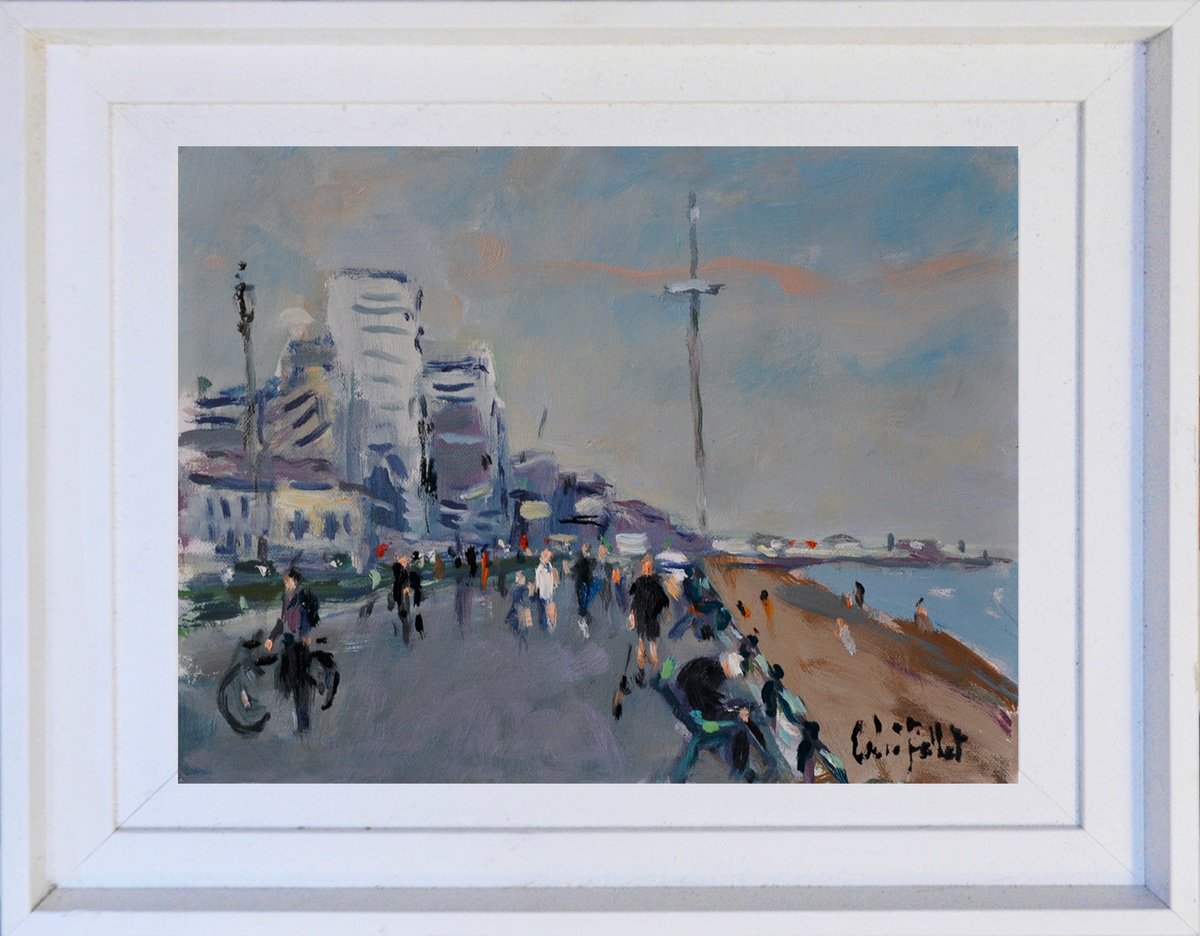 Impressionistic Cityscapes Oil Painting By Andre Pallat, 19 X 16, The Prominade, Hove., Original Artwork