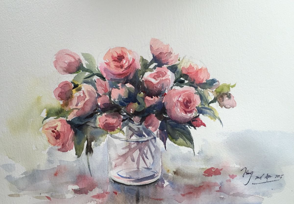 Impressionistic Botanical Watercolour By Jing Chen, 17 X 12, Vase Of Roses 8, Original Artwork