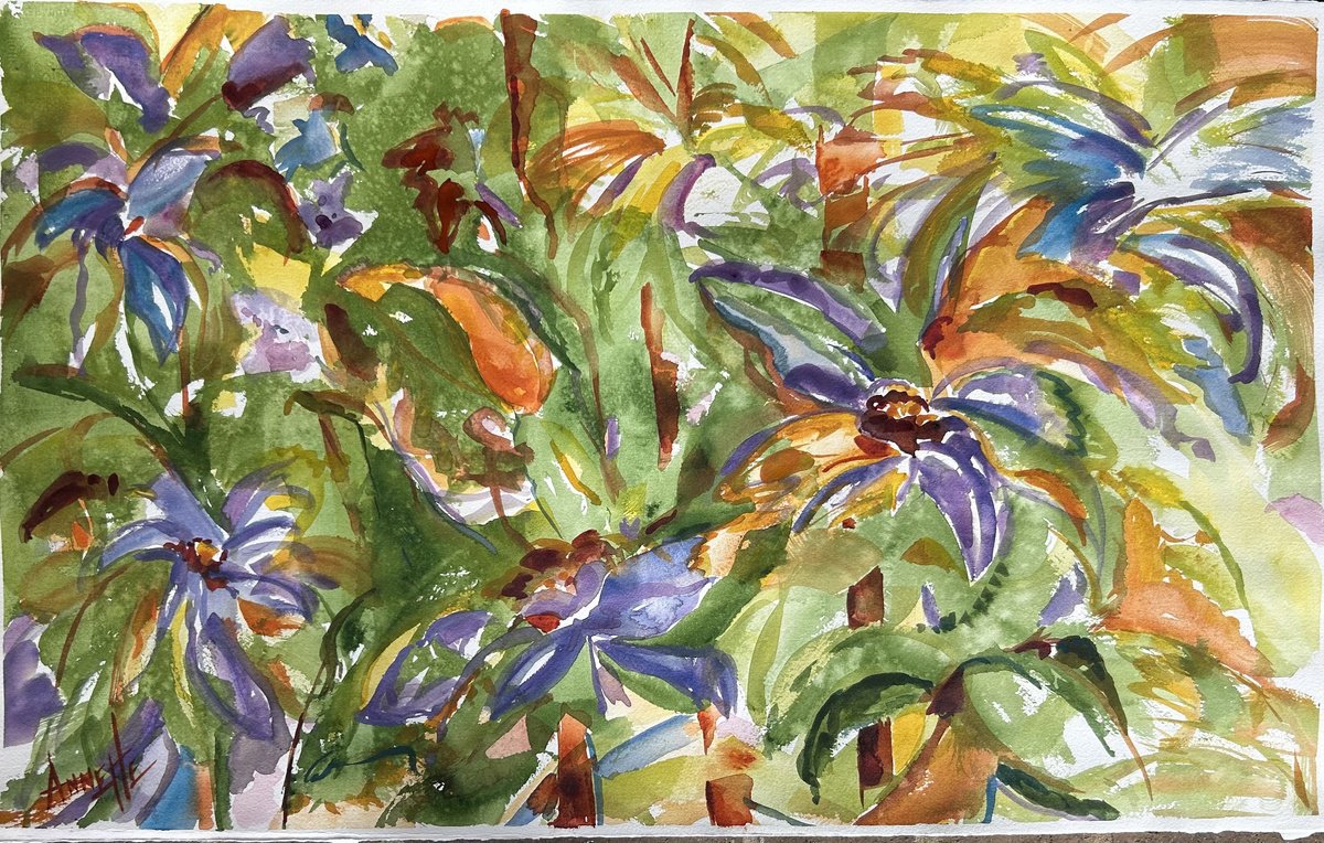 Impressionistic Botanical Watercolour By Annette Wolters, 30 X 18, Irises, Original Artwork