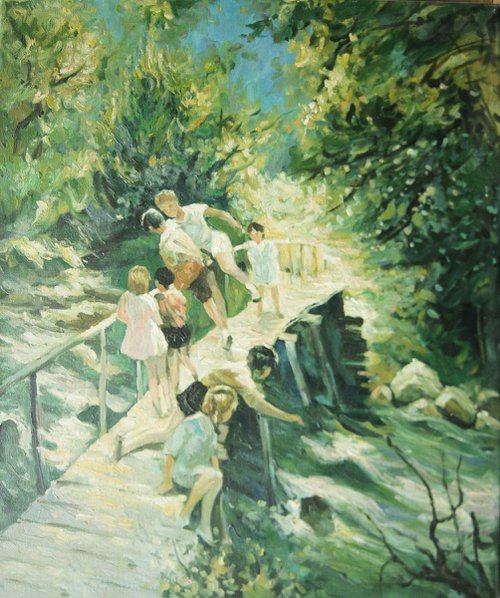 Landscape children on the bridge 3153 by GOUYETTE jean-michel