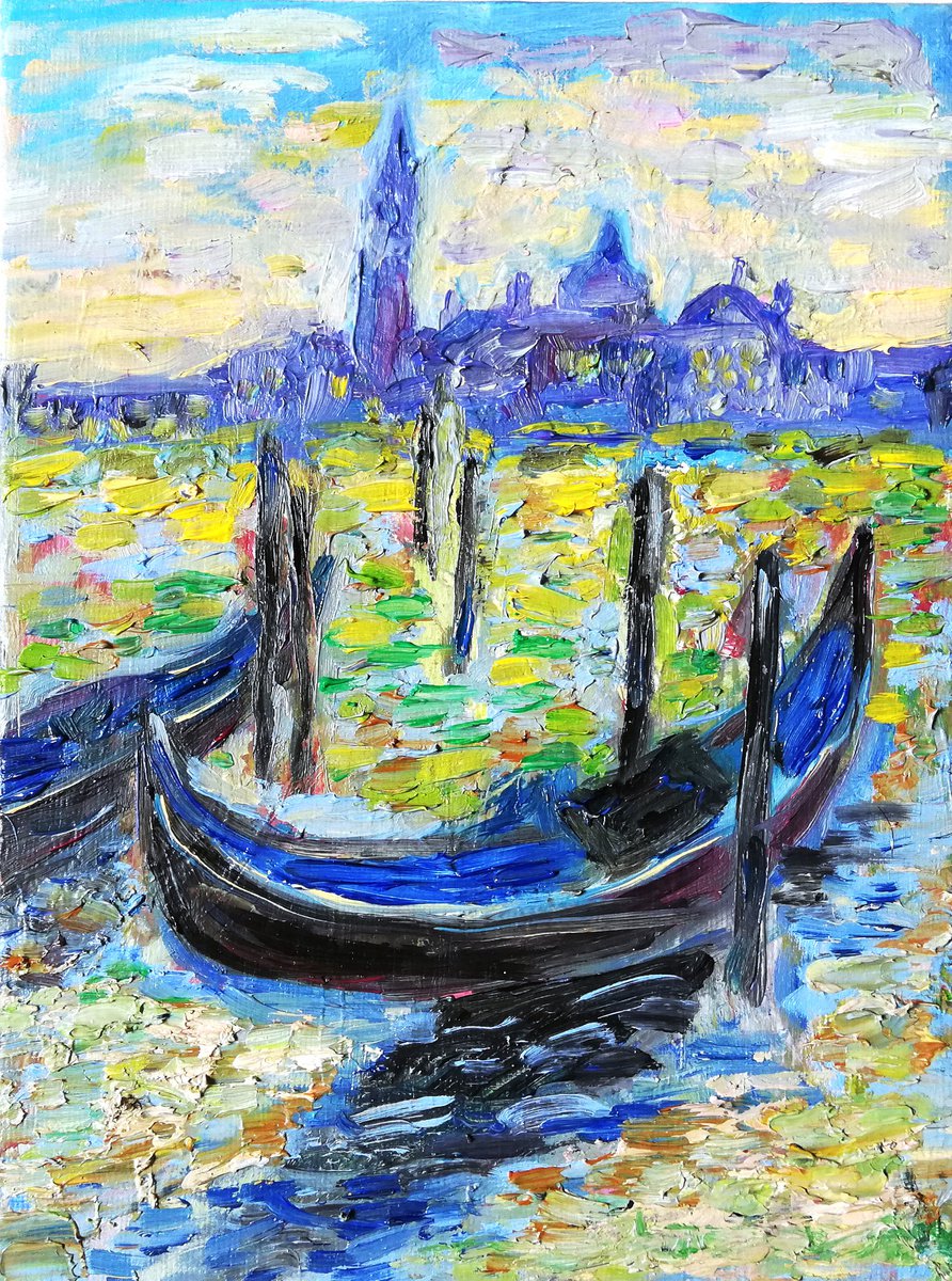 Night Boats in Venice Original Oil on Canvas Board Painting 6 by 8 inches (20x15 cm) by Katia Ricci