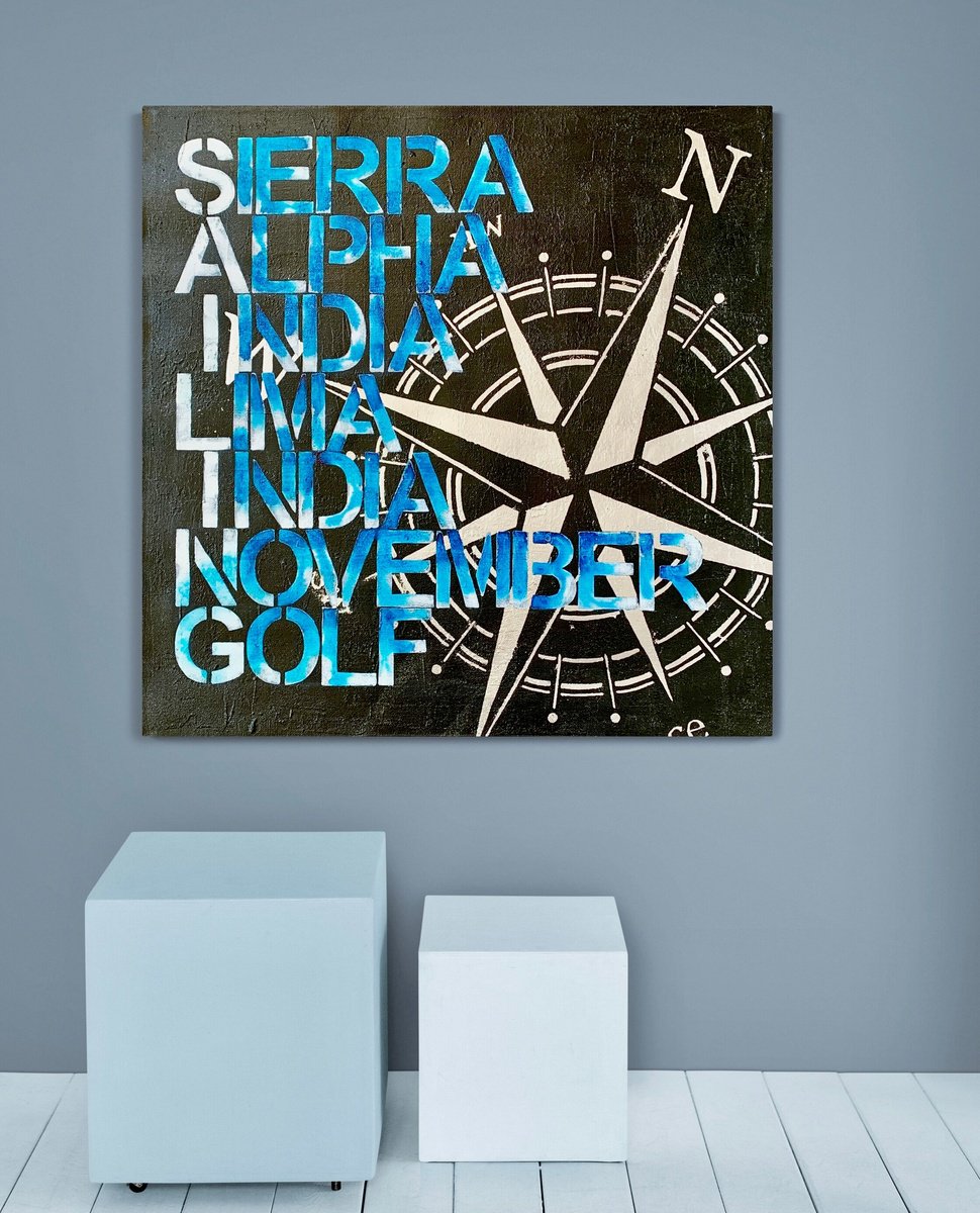 Typographic Abstract Acrylic Painting By Anita Kaufmann, 31 X 31, Love The Sea No. 1523, Original Artwork