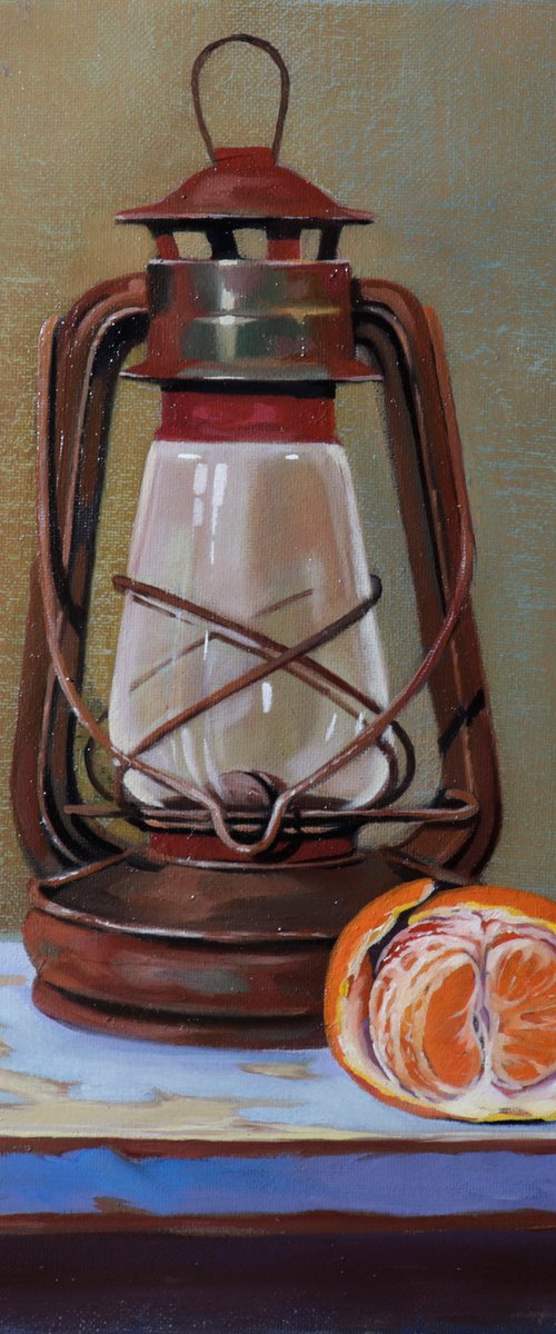 Still life with lamp and mandarin (24x18cm, oil painting, ready to hang) by Ara Gasparian