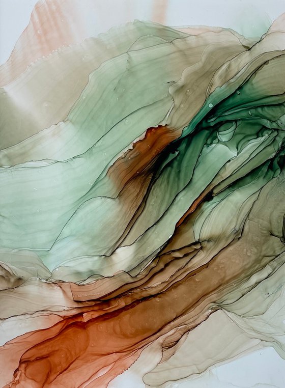 ABSTRACTION  GREEN BROWN - alcohol ink , synthetic paper