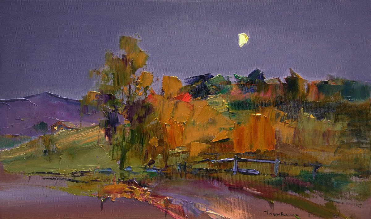 Evening landscape. Moon over the fields. In the mountains. Original oil painting by Helen Shukina