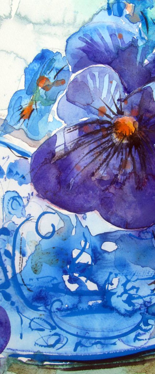 Blue Flowers in a Blue Vase by Violeta Damjanovic-Behrendt