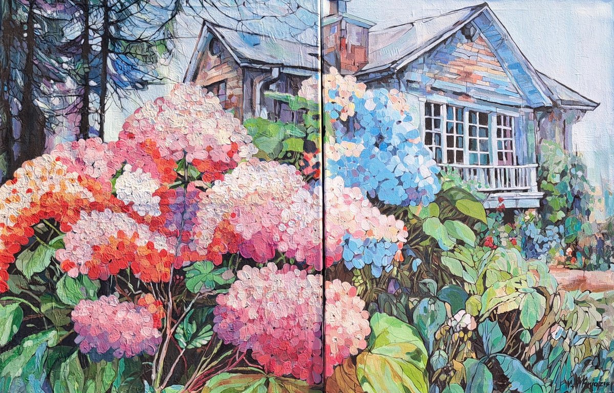 Hydrangeas near the old house, Shabby Chic, Organic Floral, XL LARGE PAINTING by V+V Kniazievi