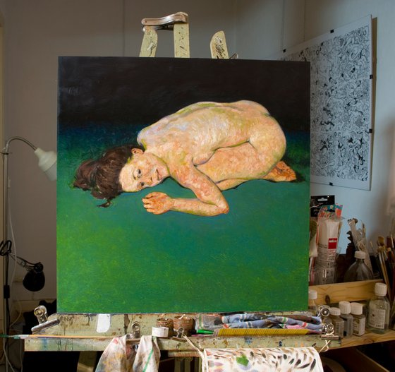 portrait of a nude woman in green