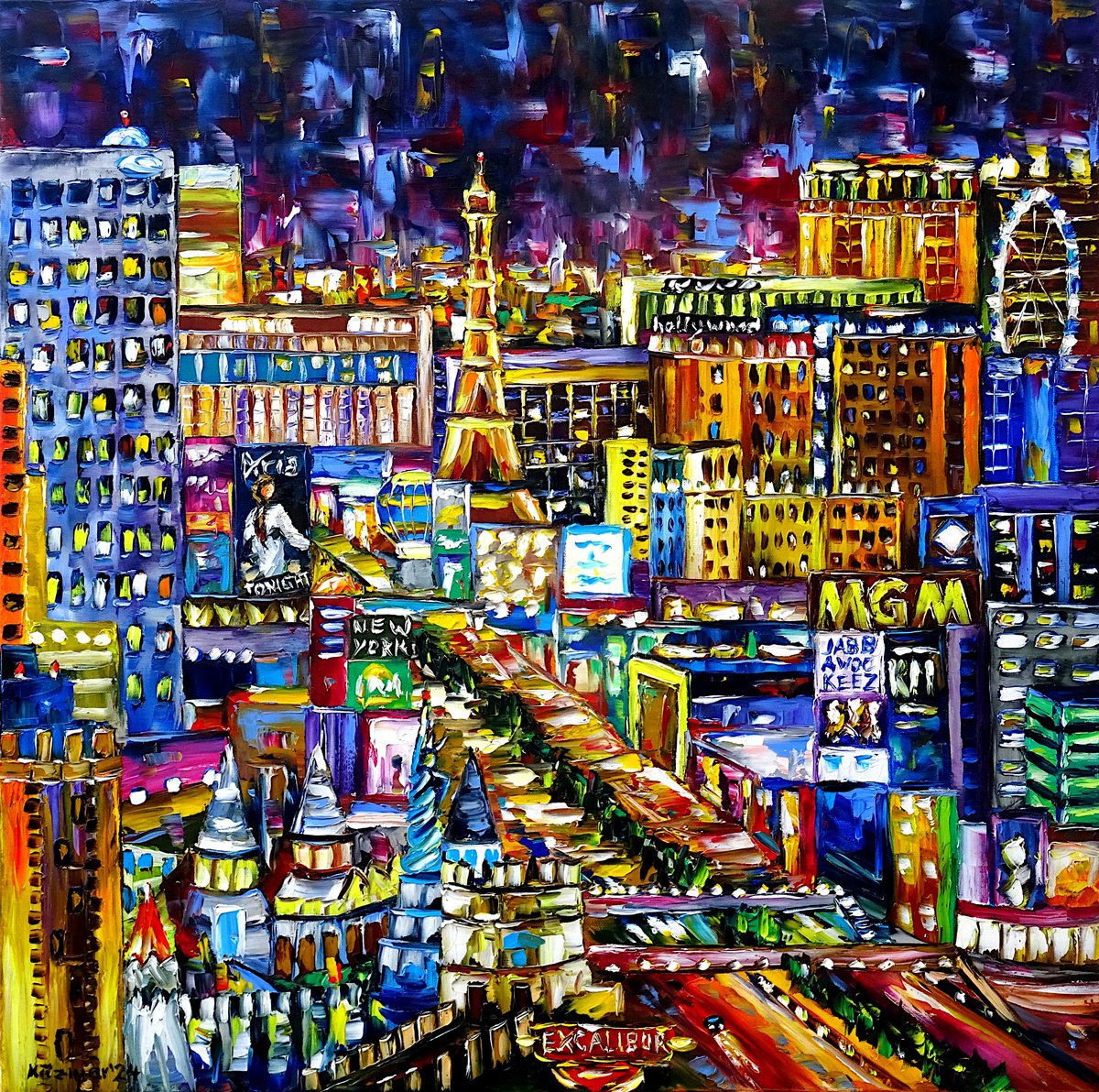 Expressive Cityscapes Oil Painting By Mirek Kuzniar, 28 X 28", Las Vegas At Night, Original Artwork