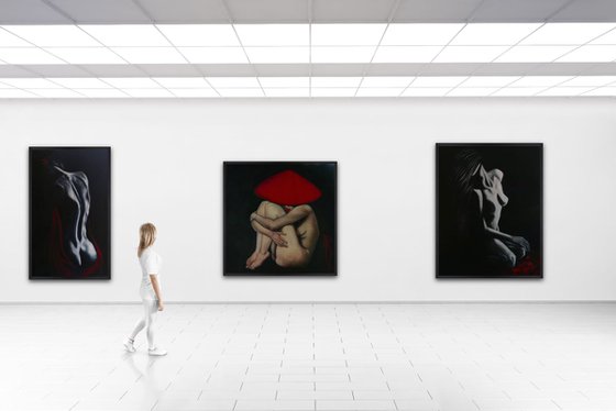 Nude lady draped in red silk