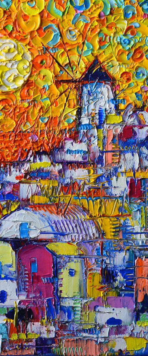 ABSTRACT SANTORINI OIA SUNSET FLORAL SKY contemporary impressionist abstract cityscape impasto palette knife original oil painting by ANA MARIA EDULESCU