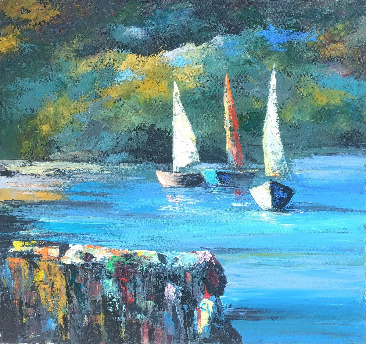 Impressionistic Landscape Oil Painting By Arto Mkrtchyan, 20 X 20, Sailboats In Repose, Original Artwork