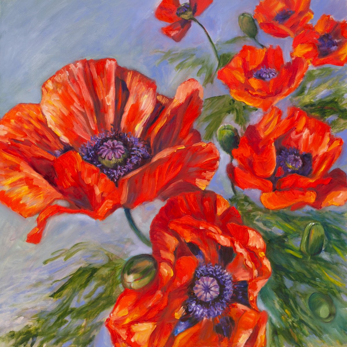 Impressionistic Botanical Oil Painting By Liudmila Pisliakova, 20 X 20", Red Poppies, Original Artwork