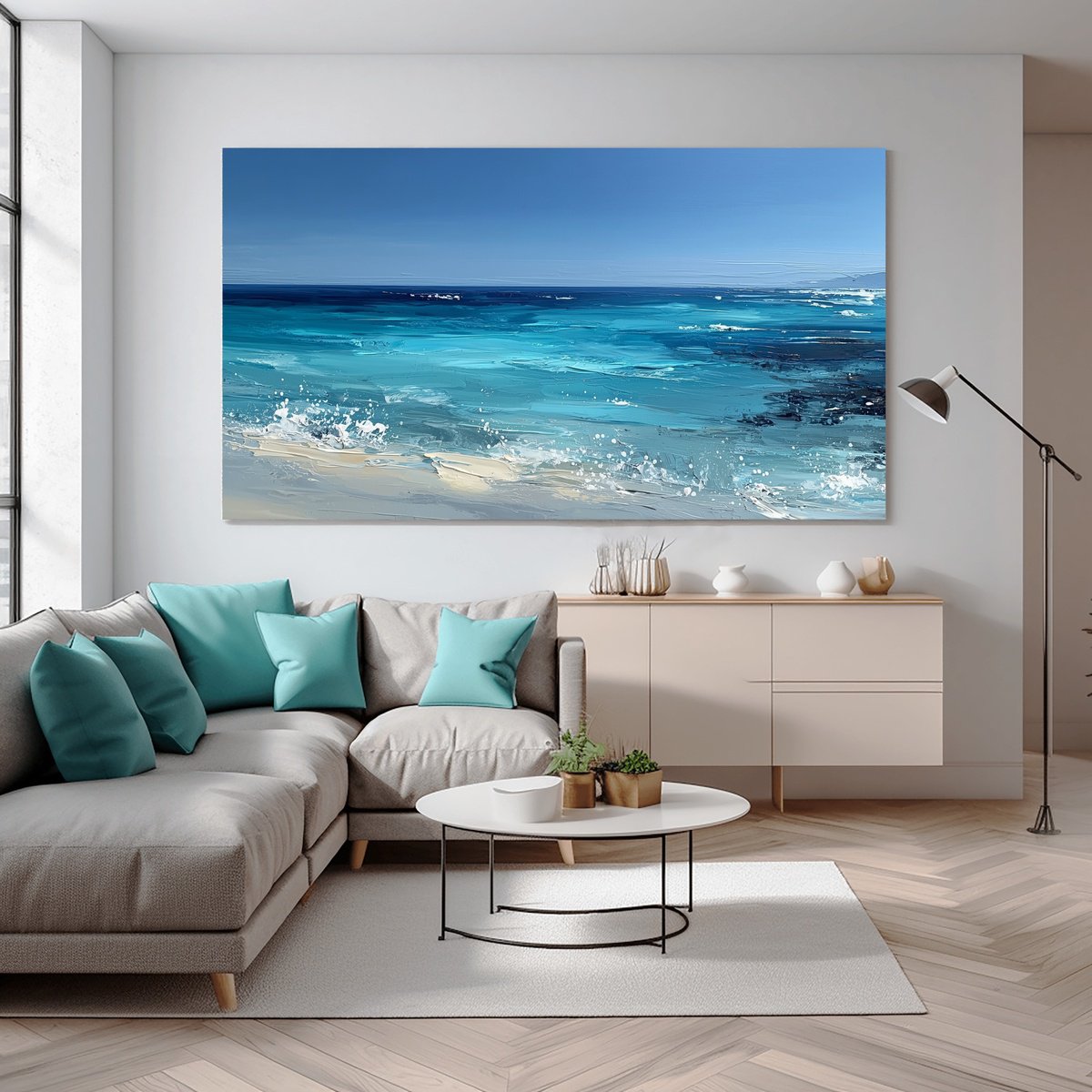 Impressionistic Landscape Giclee Print By Mily Art, 71 X 35", Turquoise Ocean Waves, Original Artwork