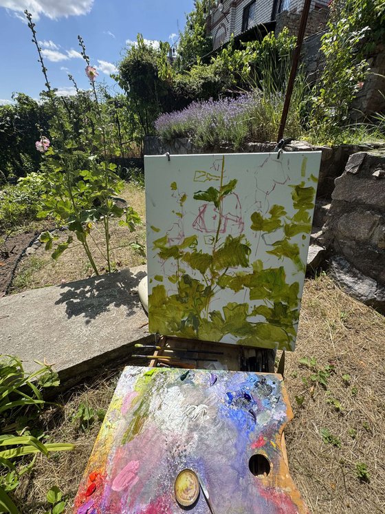Summer Light and Hollyhocks